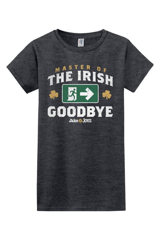 Charcoal grey women's cotton t-shirt featuring a Master of the Irish Goodbye graphic with a green exit sign and shamrocks.
