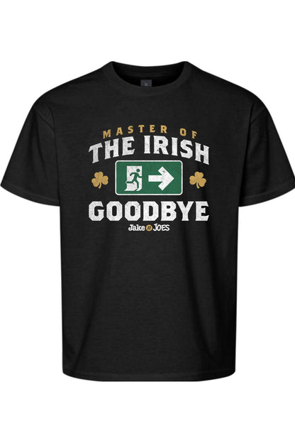Black youth cotton t-shirt featuring a green Irish exit sign graphic with shamrocks and Master of the Irish Goodbye text.