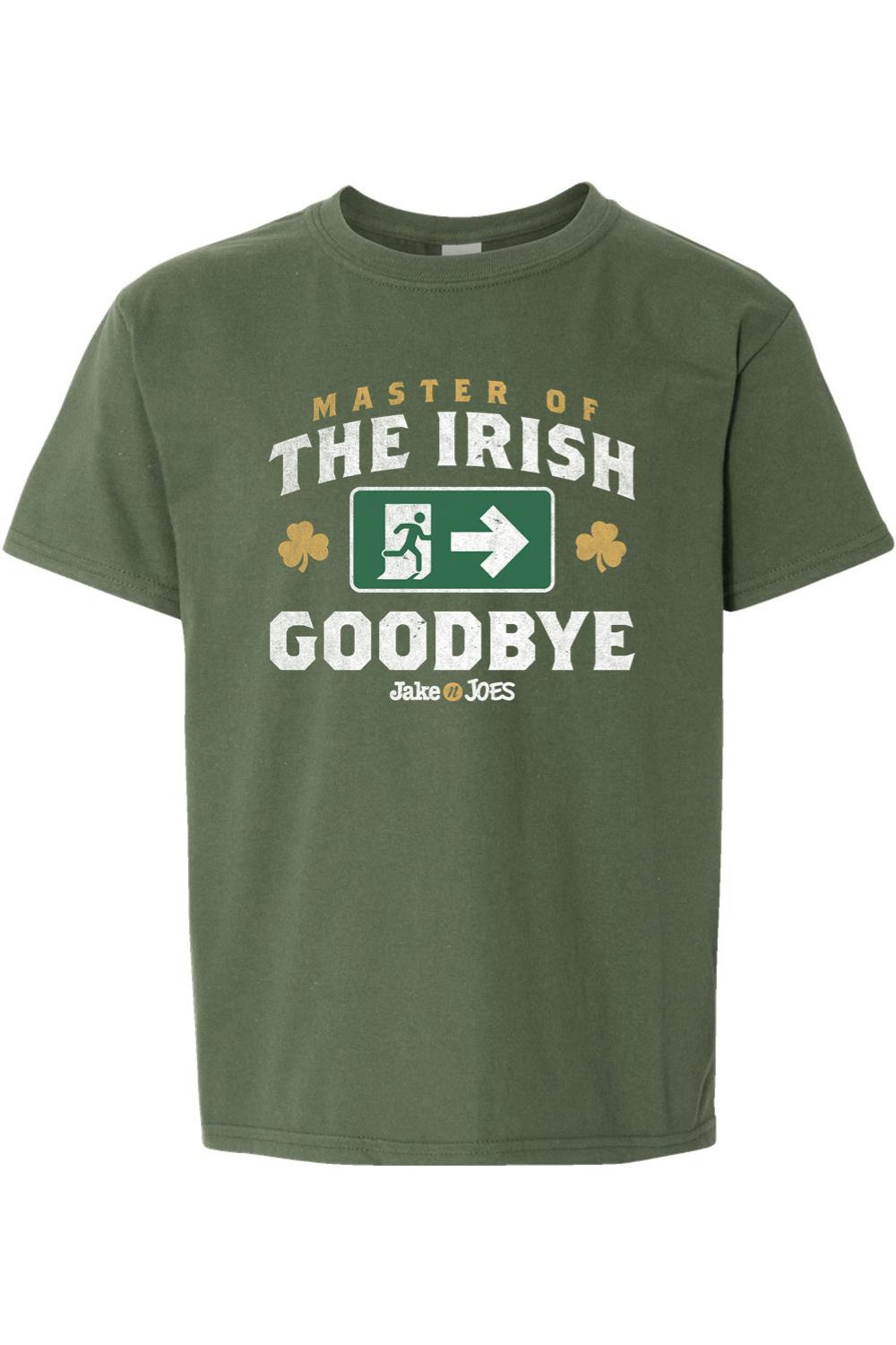 Olive green cotton youth t-shirt featuring a Master of the Irish Goodbye graphic with an exit sign and shamrocks.
