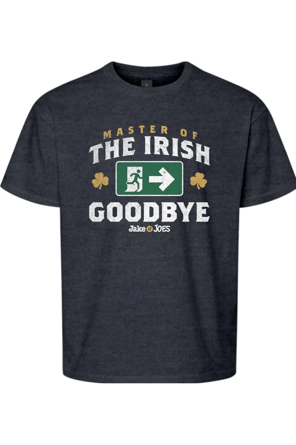 Dark heather grey youth cotton t-shirt featuring a Master of the Irish Goodbye graphic with shamrocks and exit sign.