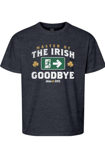 Dark heather grey youth cotton t-shirt featuring a Master of the Irish Goodbye graphic with shamrocks and exit sign.