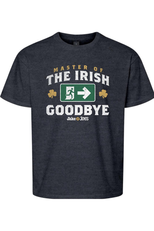 Dark heather grey youth cotton t-shirt featuring a Master of the Irish Goodbye graphic with shamrocks and exit sign.