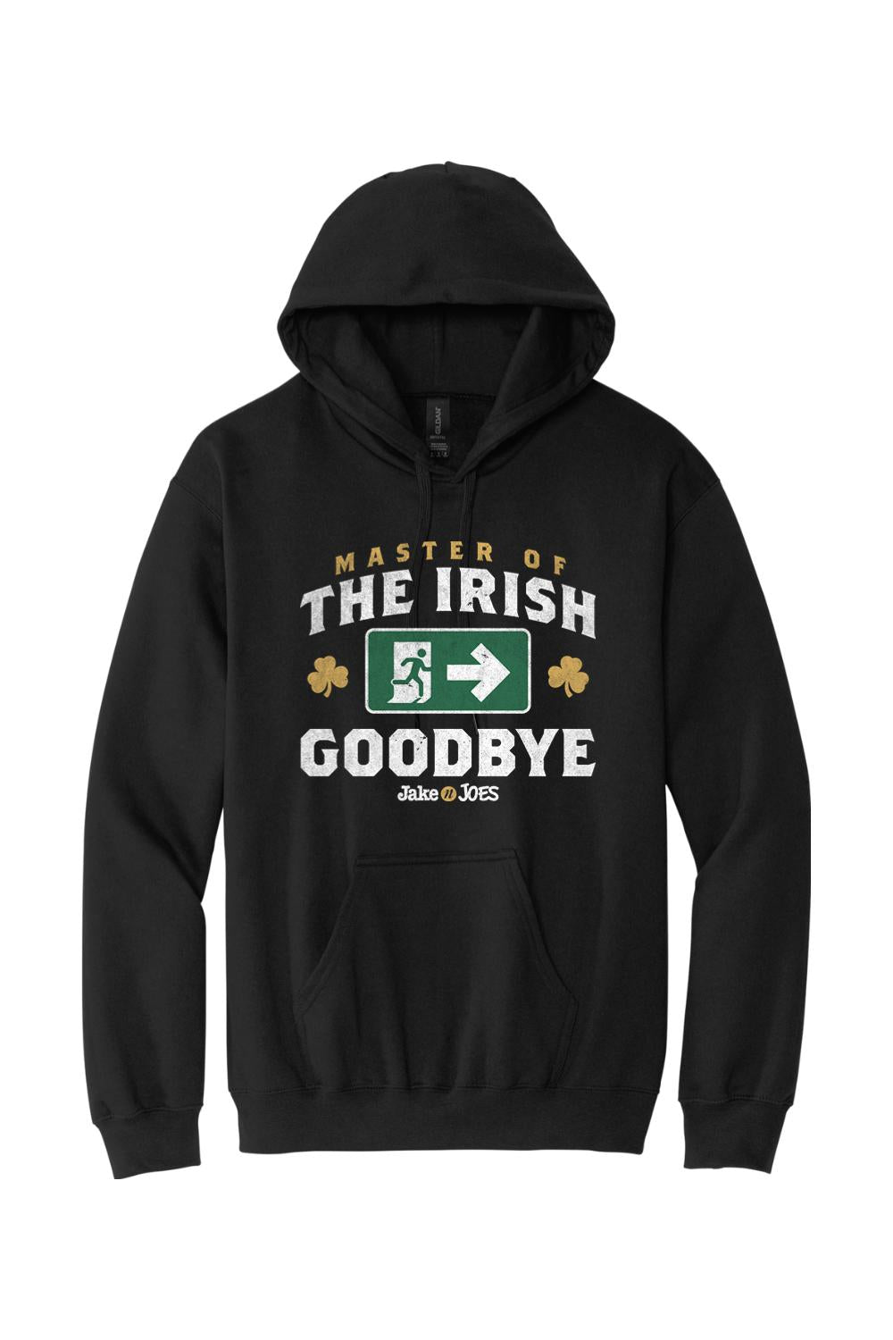 Black cotton-blend hoodie featuring a white and green Master of the Irish Goodbye graphic with shamrock accents.