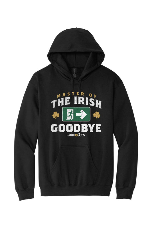 Black cotton-blend hoodie featuring a white and green Master of the Irish Goodbye graphic with shamrock accents.