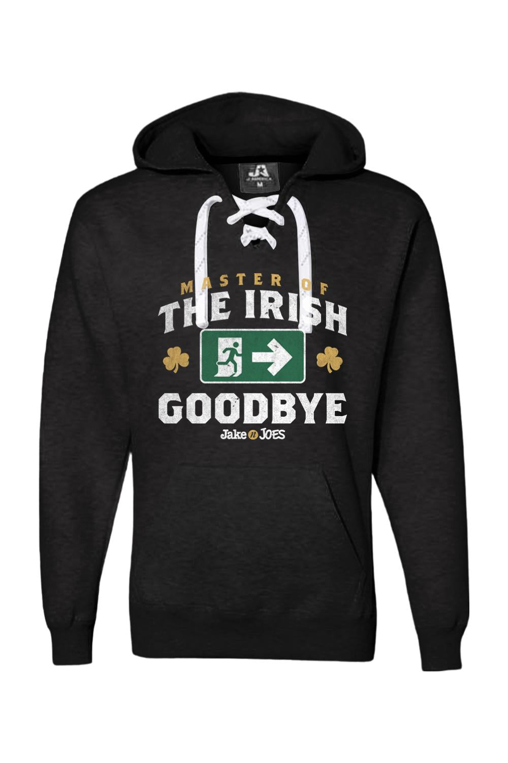 Black premium lace-up hoodie featuring Master of the Irish Goodbye graphic with an exit sign and shamrocks.