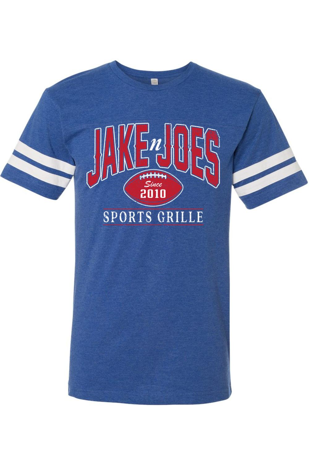Blue cotton football jersey tee with white sleeve stripes and Jake n JOES Sports Grille graphic logo.