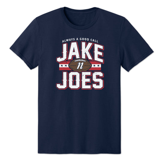 Navy blue 100% cotton t-shirt featuring a distressed Jake n JOES football graphic with red and white accents.