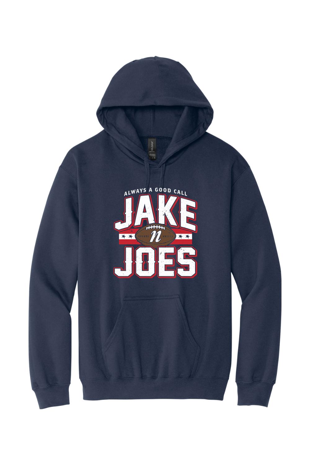 Navy blue cotton-blend pullover hoodie featuring a Jake n JOES football graphic with white and red text.