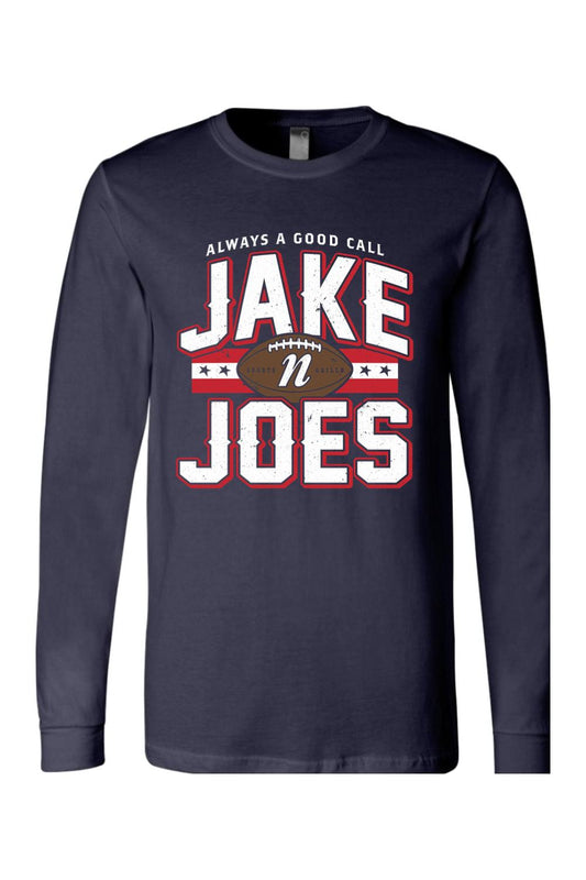 Navy blue long sleeve cotton t-shirt with a white and red Jake n JOES football graphic on the chest.