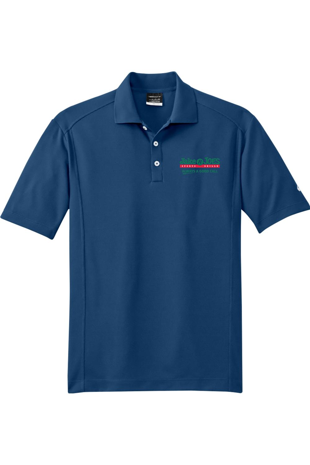 Blue Nike Dri-FIT polo shirt with a three-button placket and Jake n JOES Sports Grille logo on the chest.