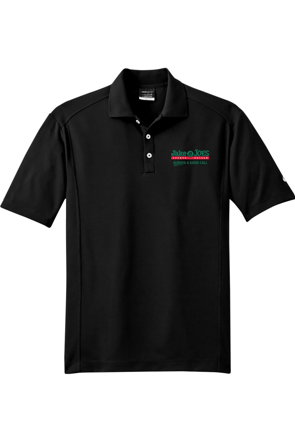 Black Nike Dri-FIT polo shirt with a three-button placket and Jake N’ Joes Sports Grille logo on the chest.