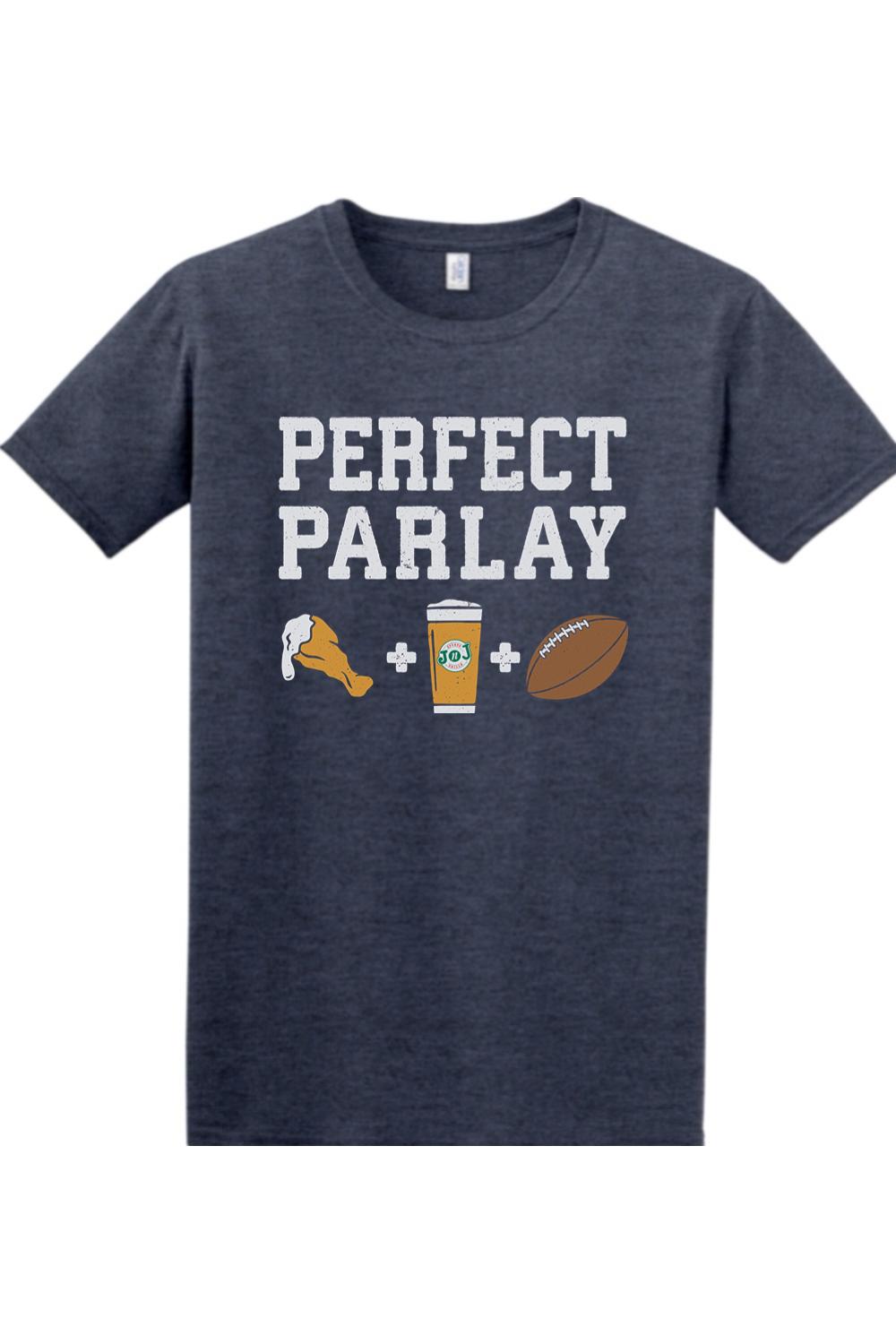 Heather navy cotton t-shirt featuring Perfect Parlay text with chicken wing, beer, and football icons.