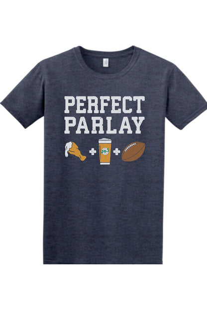 Heather navy cotton t-shirt featuring Perfect Parlay text with chicken wing, beer, and football icons.