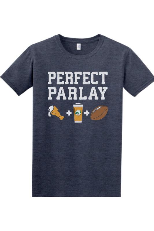 Heather navy cotton t-shirt featuring Perfect Parlay text with chicken wing, beer, and football icons.