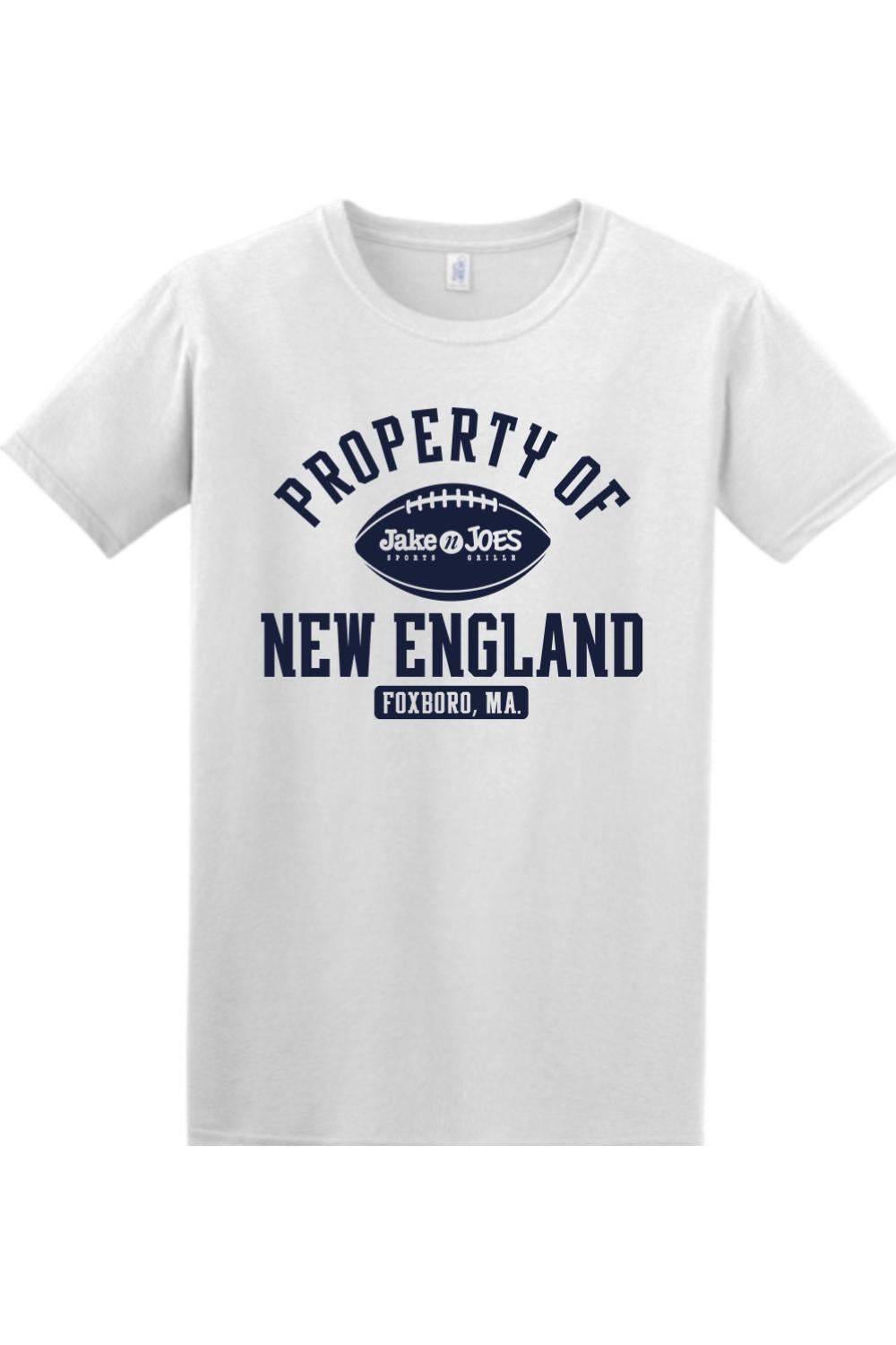 White cotton crewneck t-shirt featuring a navy blue Property of New England football graphic with Jake n JOES branding.