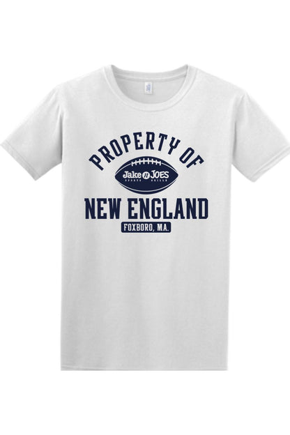 White cotton crewneck t-shirt featuring a navy blue Property of New England football graphic with Jake n JOES branding.