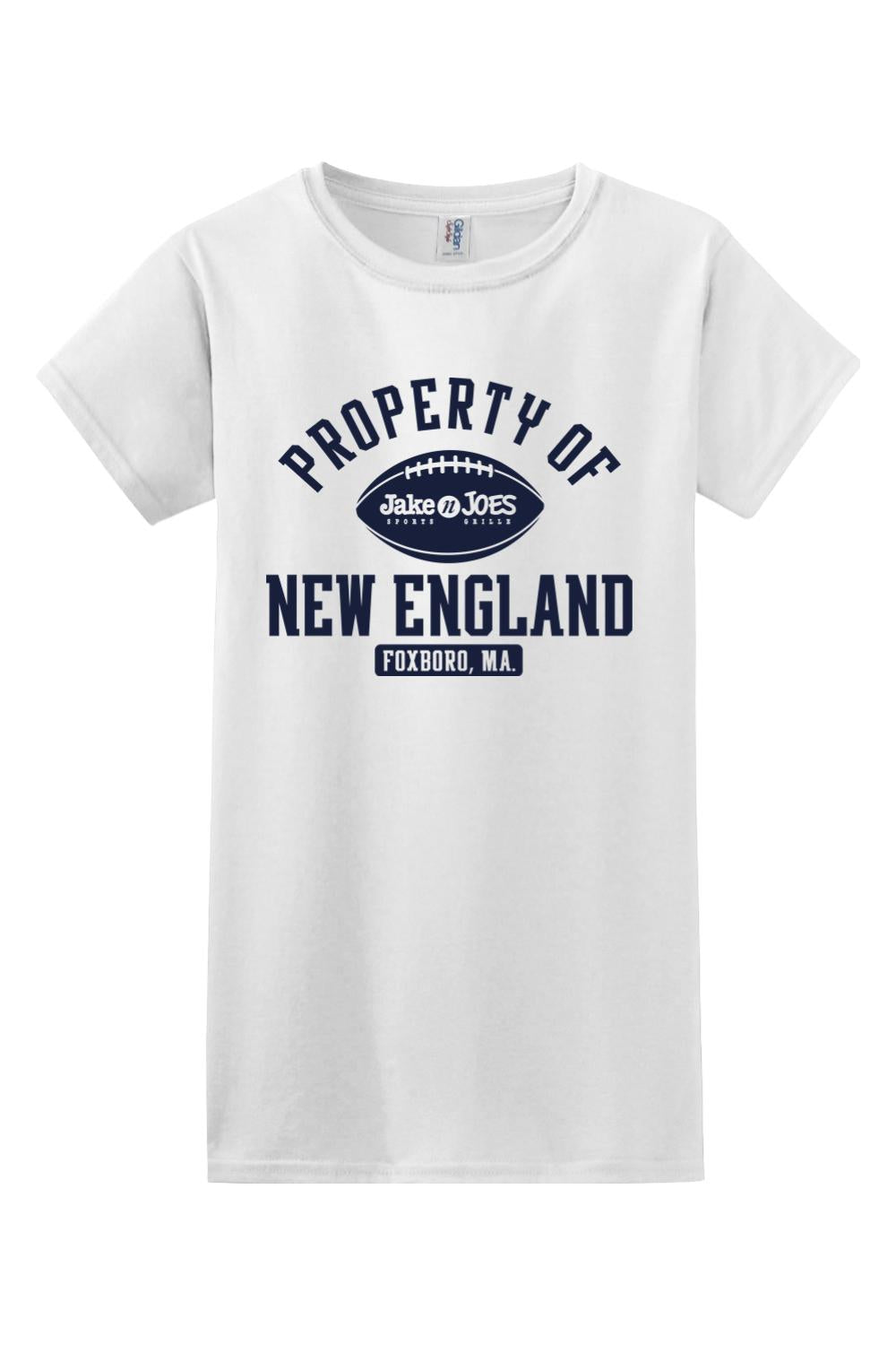 White women's cotton t-shirt featuring a navy blue Property of New England football graphic and Jake n JOES logo.