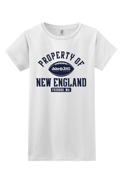 White women's cotton t-shirt featuring a navy blue Property of New England football graphic and Jake n JOES logo.