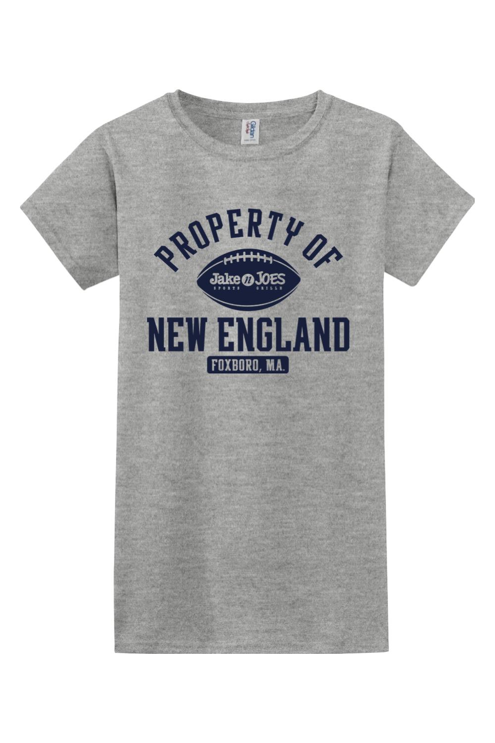 Women's grey cotton t-shirt featuring a navy blue Property of New England Jake n JOES football graphic.