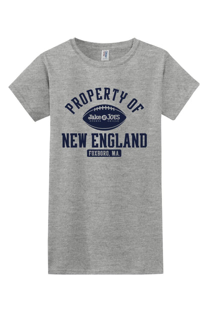 Women's grey cotton t-shirt featuring a navy blue Property of New England Jake n JOES football graphic.