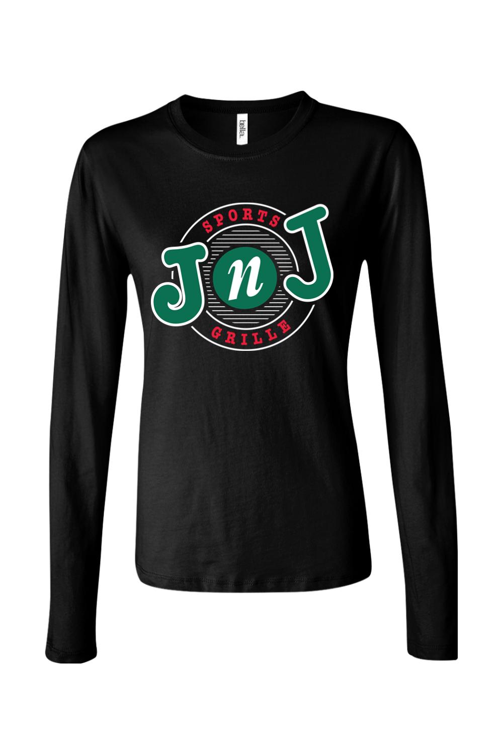 Women's black 100% cotton long sleeve t-shirt featuring the green and red Jake n JOES Sports Grille logo.