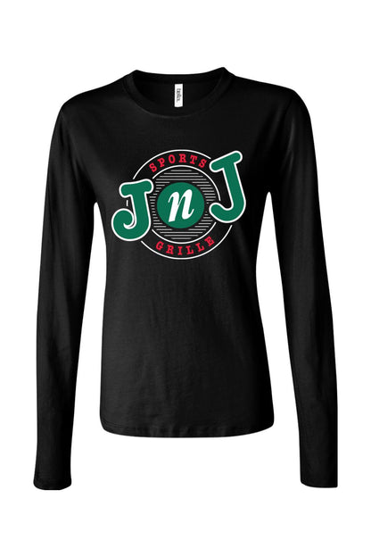 Women's black 100% cotton long sleeve t-shirt featuring the green and red Jake n JOES Sports Grille logo.