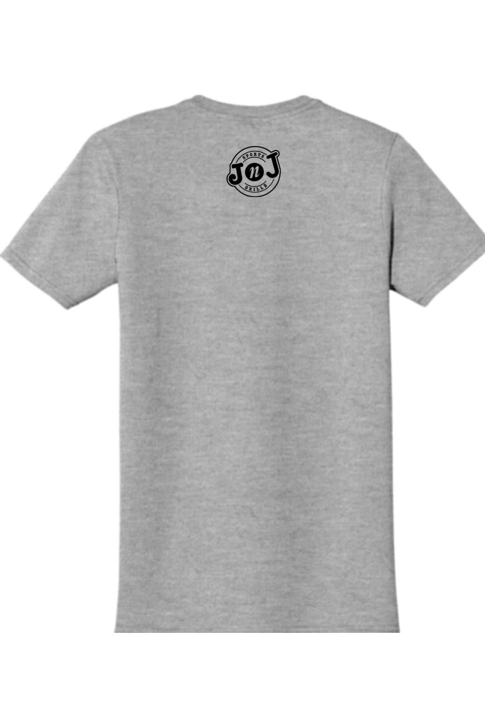 Grey cotton crew neck t-shirt featuring a black Jake n JOES Sports Grille logo on the upper back.