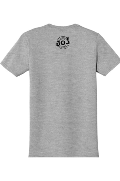 Grey cotton crew neck t-shirt featuring a black Jake n JOES Sports Grille logo on the upper back.