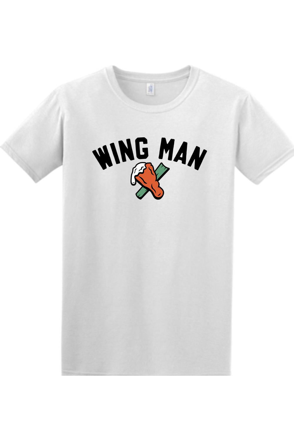 White 100% cotton crewneck t-shirt featuring a Wing Man graphic with a chicken wing and celery stick design.