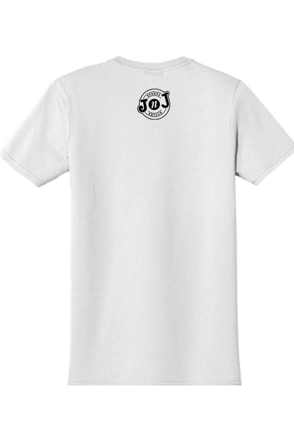 White 100% cotton crewneck t-shirt featuring a black Jake n JOES Sports Grille logo centered on the back.