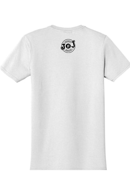 White 100% cotton crewneck t-shirt featuring a black Jake n JOES Sports Grille logo centered on the back.
