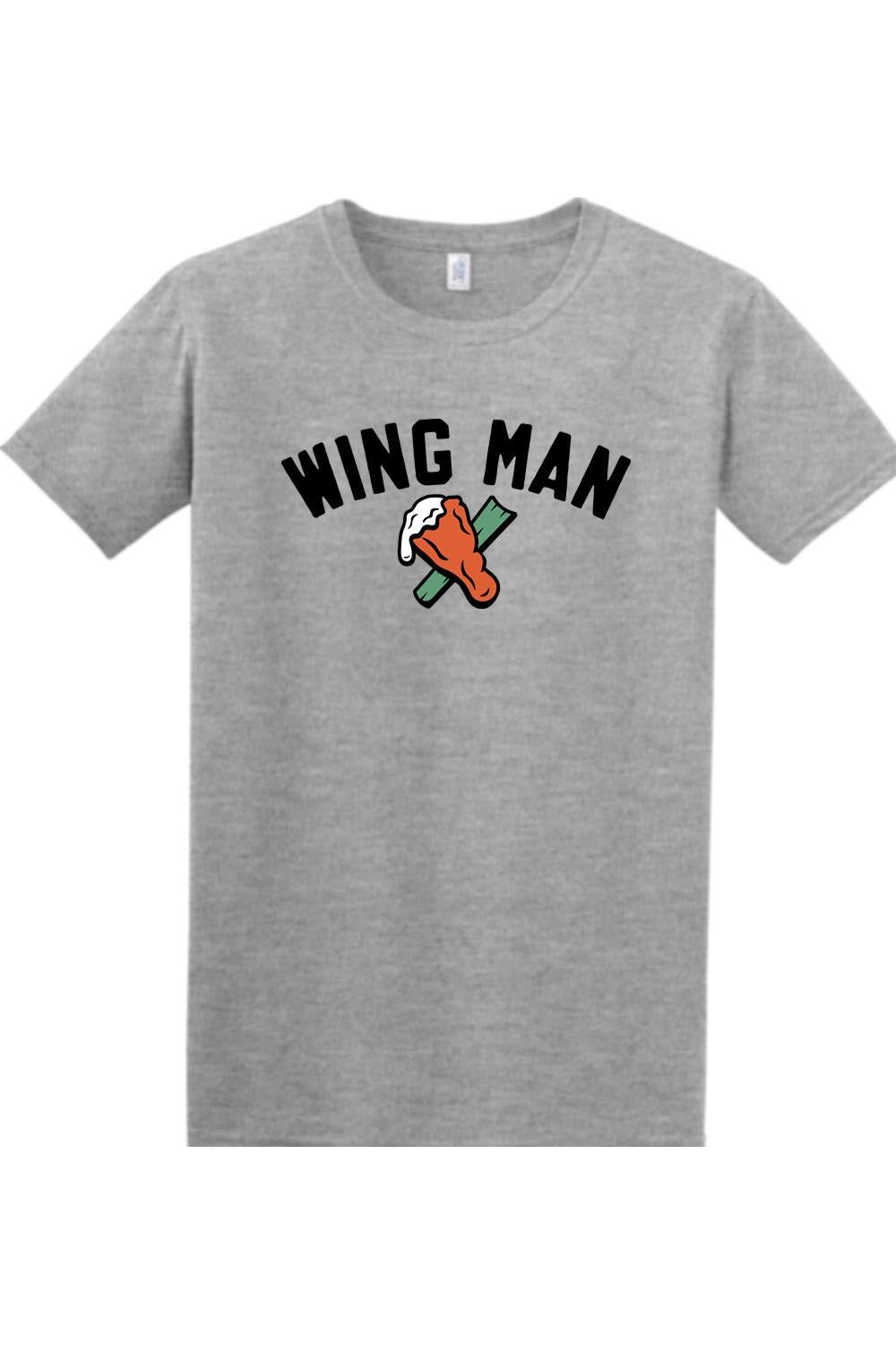Grey cotton crewneck t-shirt featuring a WING MAN graphic with a chicken wing and celery stick illustration.