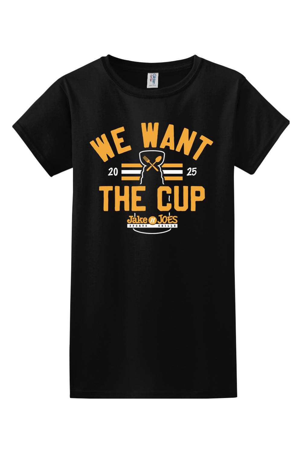 Black cotton women's t-shirt featuring a yellow and white We Want the Cup 2025 graphic with Jake n JOES Sports Grille logo.