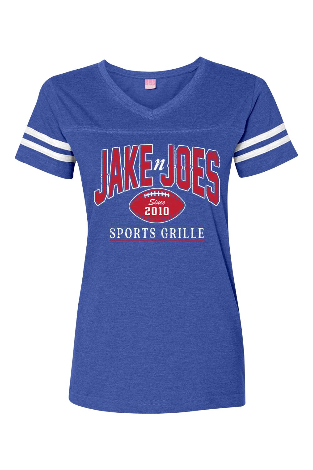 Blue V-neck football jersey tee with white sleeve stripes and Jake n JOES Sports Grille graphic print.