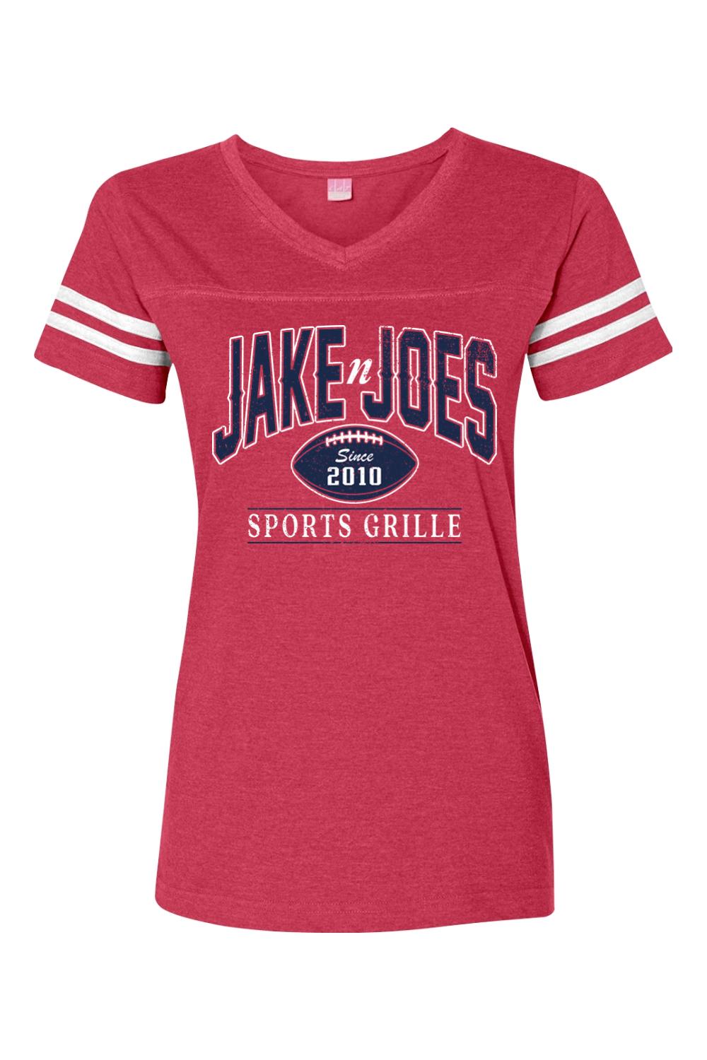 Red V-neck football jersey tee with white sleeve stripes and Jake n JOES Sports Grille graphic print.