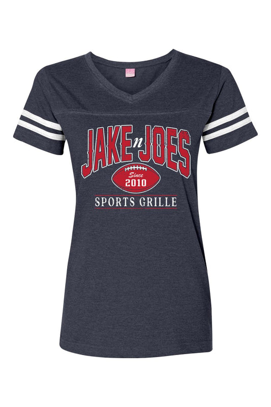Charcoal grey women's V-neck football jersey tee with white striped sleeves and Jake n JOES sports logo graphic.
