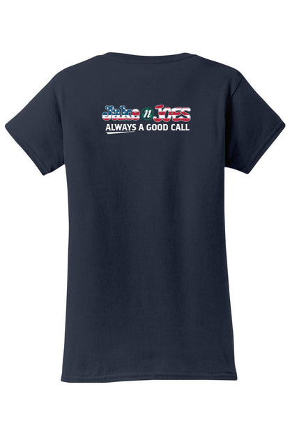 Navy blue women’s cotton soccer t-shirt featuring the Jake n JOES logo and Always a Good Call slogan on the back.