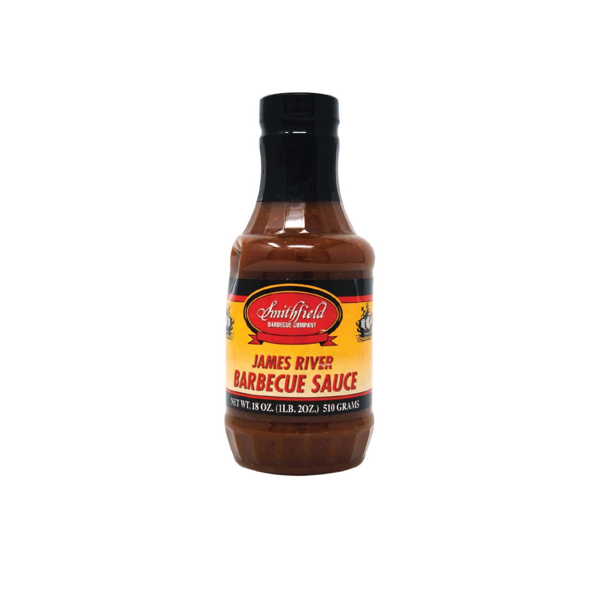 18 oz bottle of Smithfield James River Barbecue Sauce with a yellow label and black cap on a white background.