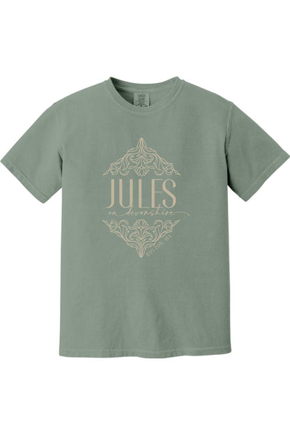 Sage green Comfort Colors short sleeve shirt with Jules on Devonshire Boston, MA graphic in a cream floral frame.