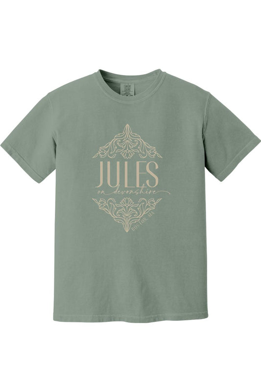 Sage green Comfort Colors short sleeve shirt with Jules on Devonshire Boston, MA graphic in a cream floral frame.
