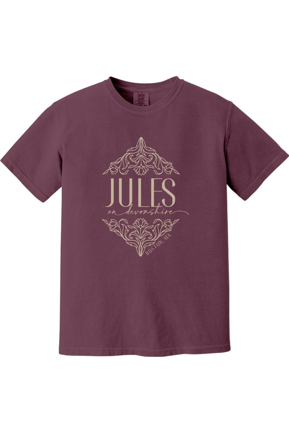 Burgundy Comfort Colors short sleeve t-shirt featuring a beige Jules on Devonshire Boston, MA floral graphic.