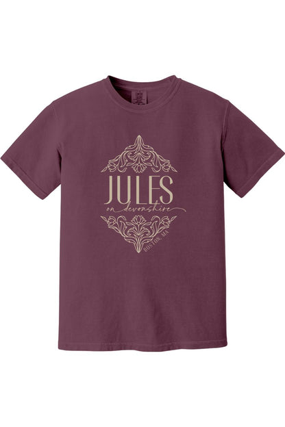 Burgundy Comfort Colors short sleeve t-shirt featuring a beige Jules on Devonshire Boston, MA floral graphic.