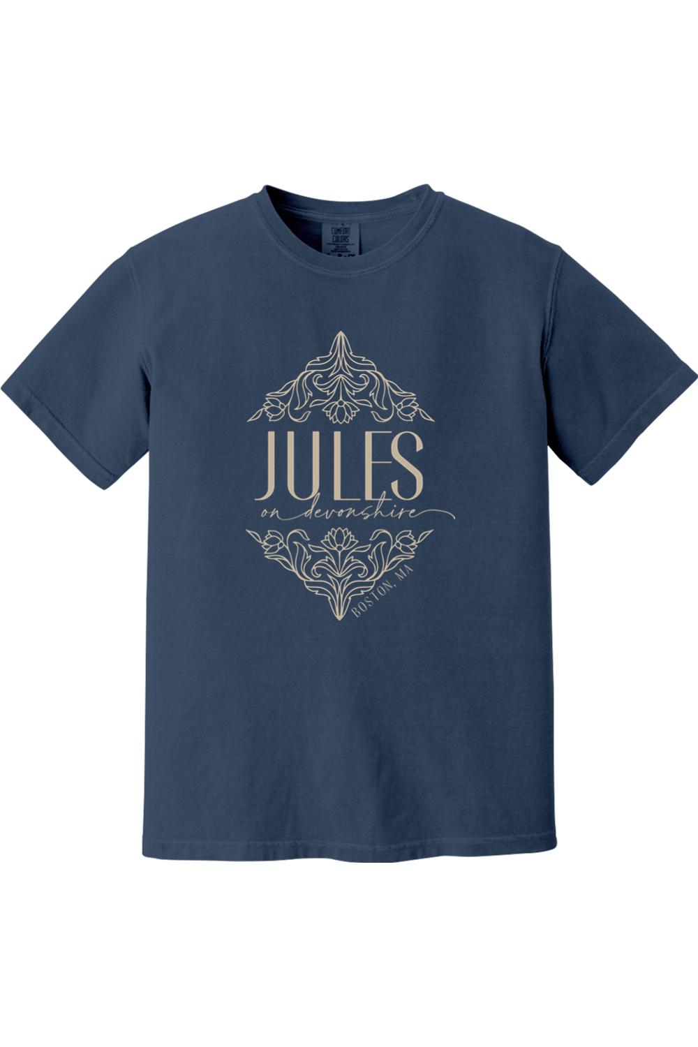 Navy blue Comfort Colors short sleeve shirt featuring a cream-colored Jules on Devonshire Boston, MA floral graphic.