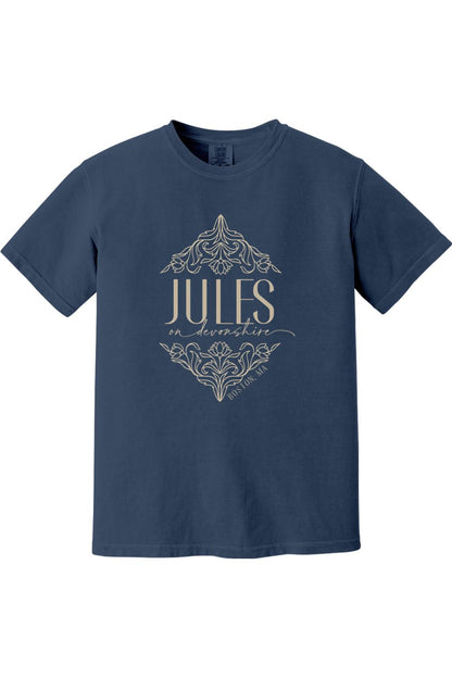 Navy blue Comfort Colors short sleeve shirt featuring a cream-colored Jules on Devonshire Boston, MA floral graphic.