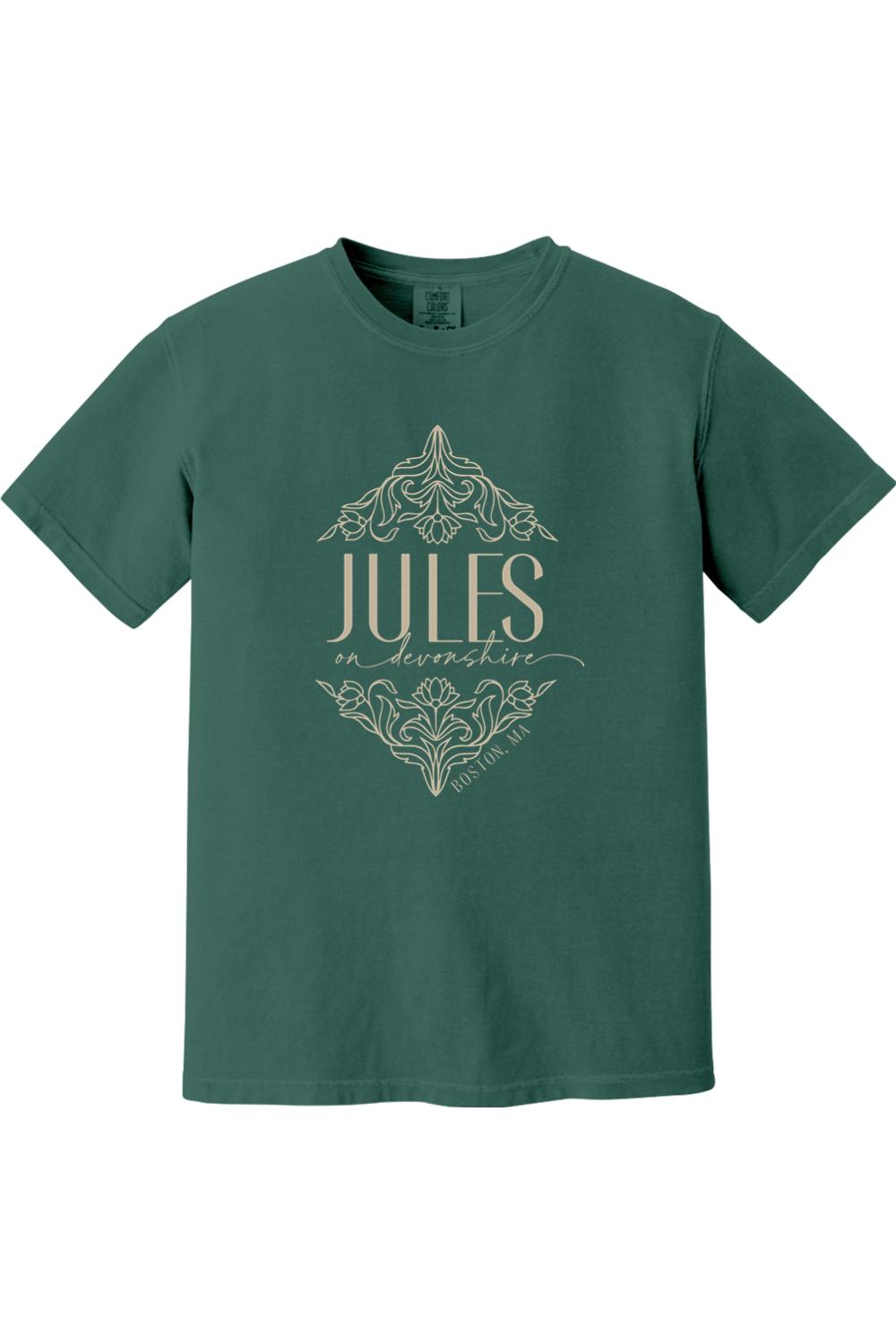 Forest green Comfort Colors short sleeve t-shirt with Jules on Devonshire Boston, MA graphic in cream ink.