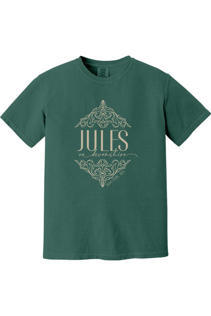 Forest green Comfort Colors short sleeve t-shirt with Jules on Devonshire Boston, MA graphic in cream ink.