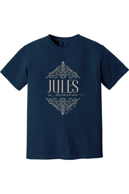 Navy blue Comfort Colors short sleeve t-shirt featuring a cream-colored Jules on Devonshire Boston, MA graphic.