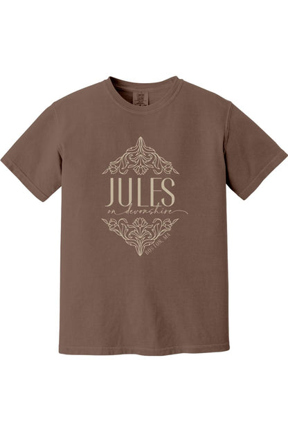 Brown Comfort Colors short sleeve shirt featuring a Jules on Devonshire floral graphic print in cream.