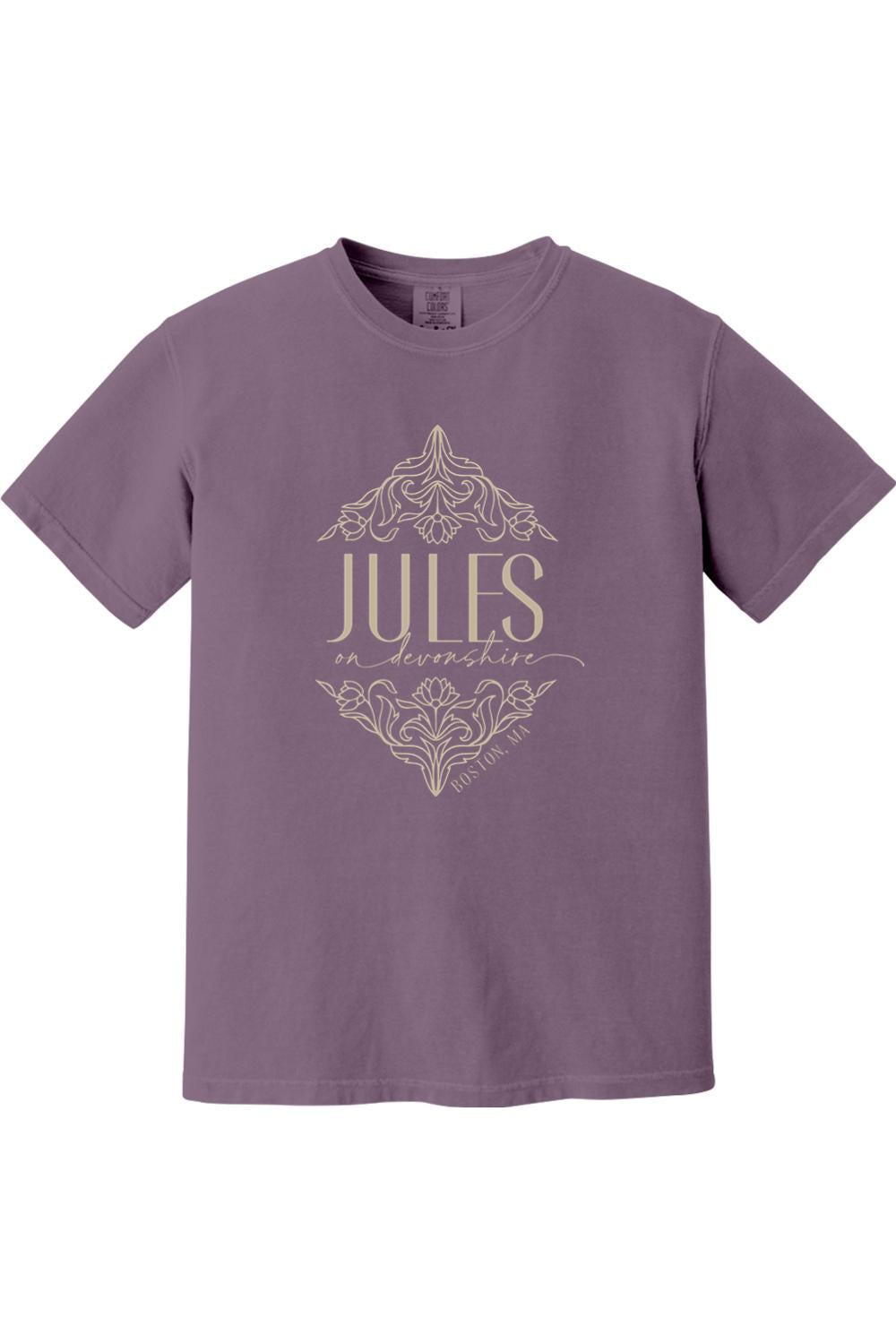 Purple Comfort Colors short sleeve shirt featuring a Jules on Devonshire Boston, MA graphic in cream ink.