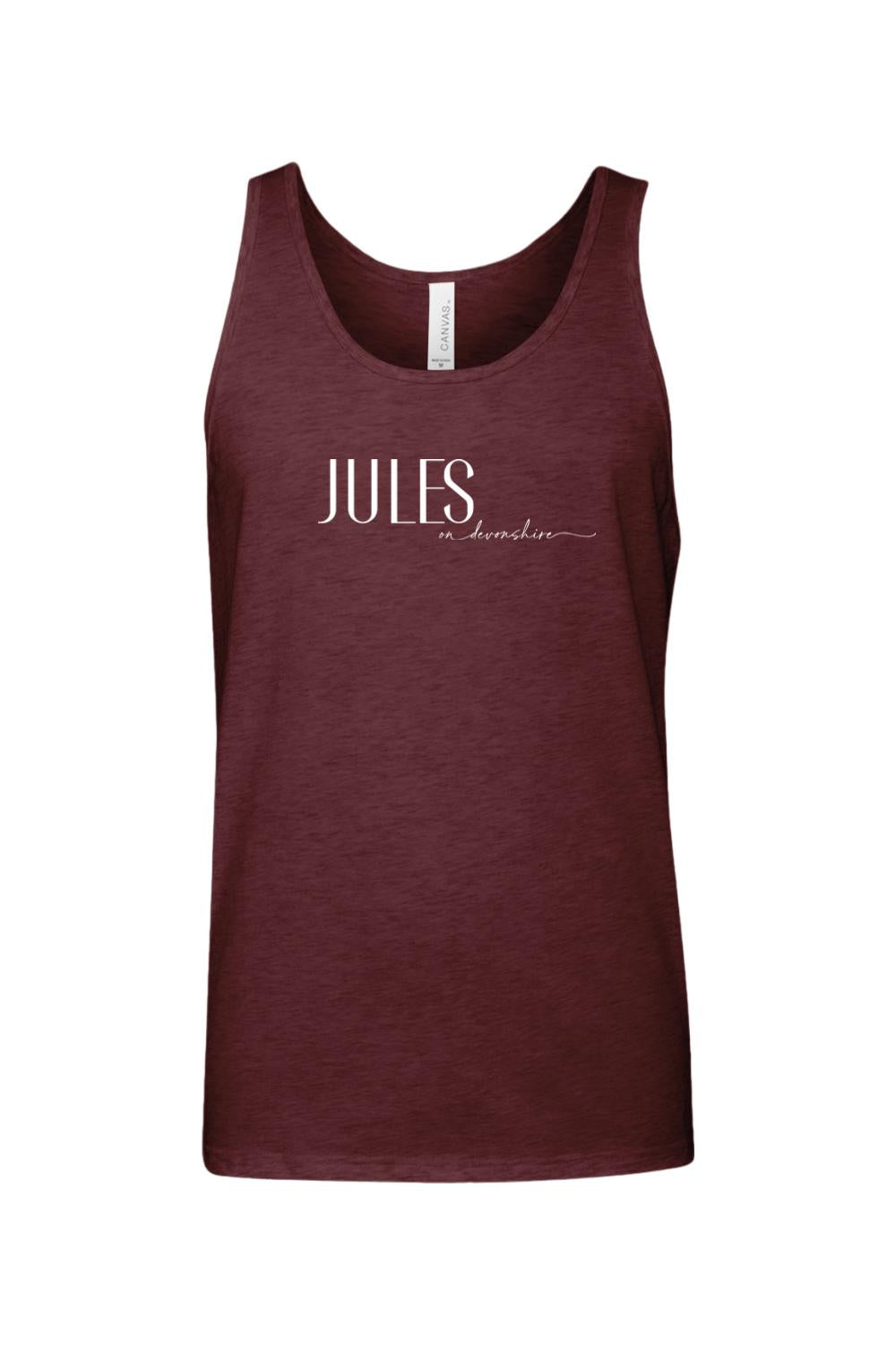 Maroon heathered jersey tank top with white Jules on Devonshire graphic text on the chest.